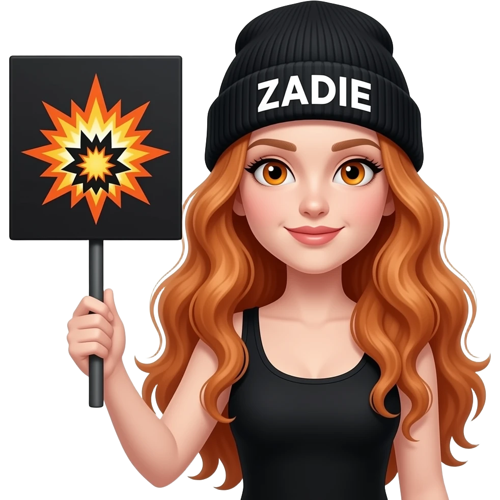sexy girl with overlong wavy ginger hair and ginger eyes wearing a black tanktop and a black beanie with ZADIE written on it, is holding a black sign with 💥 on it emoji