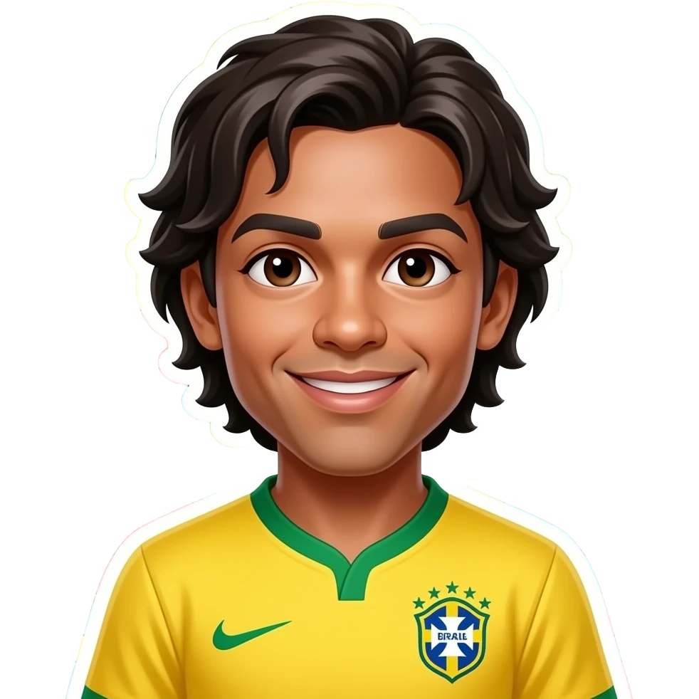 Ronaldinho emoji, SAME Brazil jersey, chest-up, centered, same hair and face, glossy 3D cartoon style, hide 0 ❤️, colorful puzzle background, no text. emoji