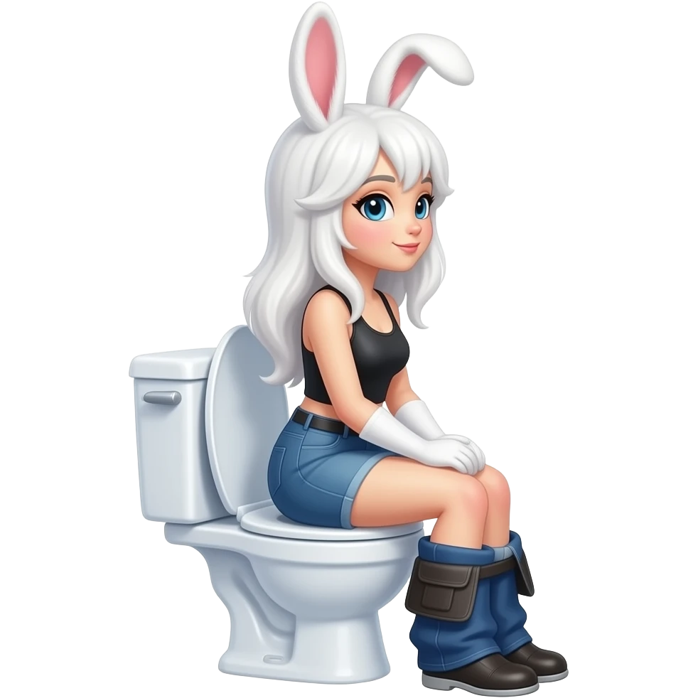 Female white fur rabbit furry person sit on toilet side view emoji