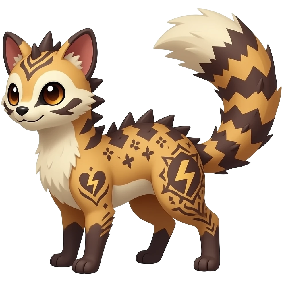 scaly fuzzy spiky finned frilled spunky gothic Realistic tall slim unique original shiny edgy cool steampunk-cyberpunk-solarpunk-fantasy-Civet-Absol-Sprigatito-Vaporeon-Fakémon-hybrid with tribal chevron heart floral lightning bolt strikes damask paisley markings emoji