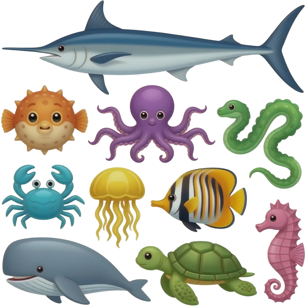 Ocean animals: swordfish is blue, stingray is gray, blowfish is orange, octopus is purple, crab is turquoise, eel is green, jellyfish is yellow, striped angelfish is orange and black, whale is gray, sea turtle is green, and seahorse is pink emoji