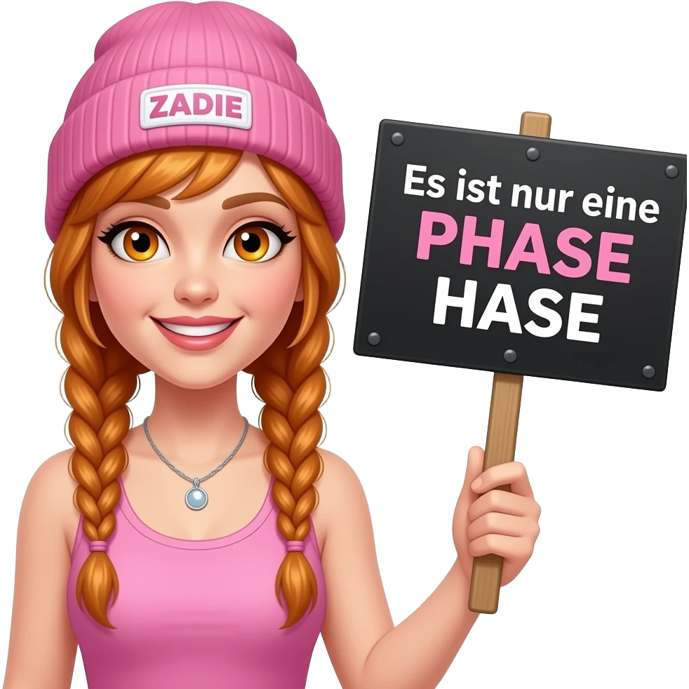 sexy girl with overlong ginger braids and ginger eyes wearing a pink tanktop and a pink beanie with ZADIE written on it, is holding a black sign with Es ist nur eine PHASE HASE written on it emoji