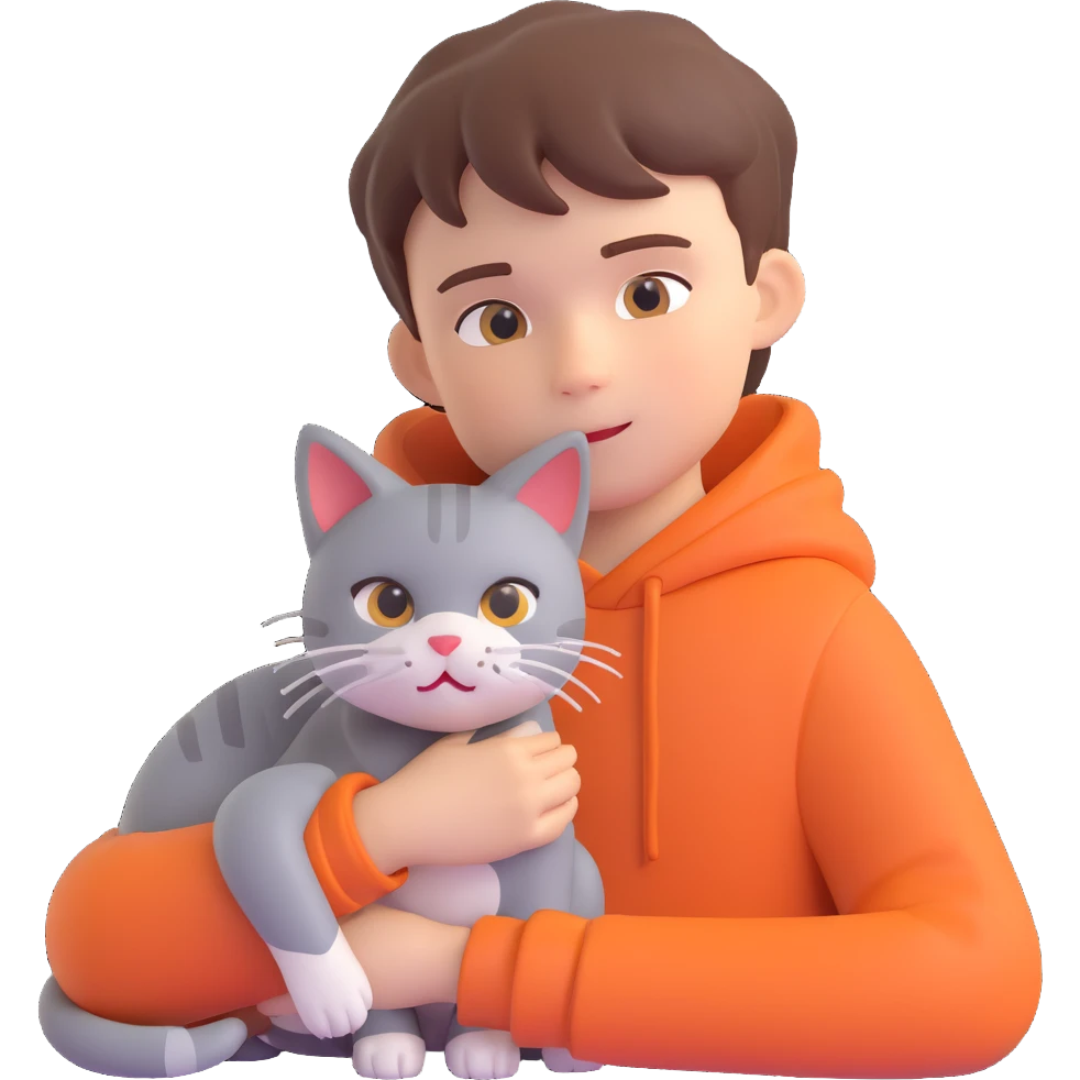 boy and cat pet in forrest background, close up pose emoji