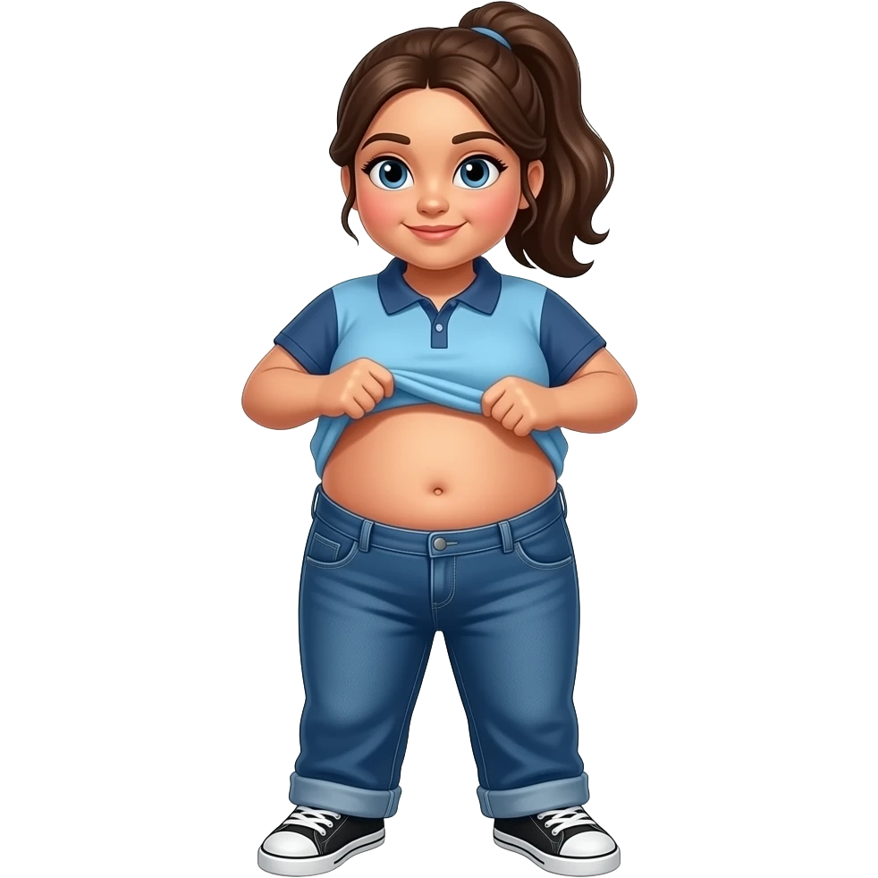 Obese Hispanic girl with brown ponytail blue eyes and light blue and dark blue polo dark blue baggy jeans and black and white sneakers lifting her shirt up showing her chubby belly button emoji