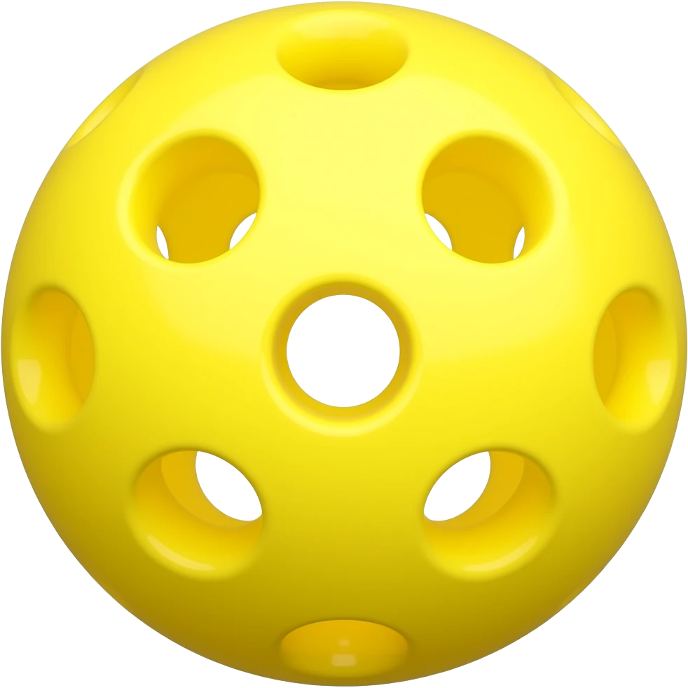 yellow pickleball with 42 holes, brightly lighted with lights around and behind the camera and rotated to perfectly center its hole into the camera emoji