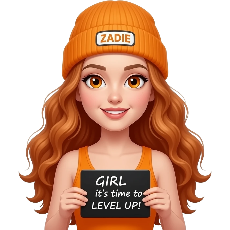 sexy girl with overlong wavy ginger hair and ginger eyes wearing a orange tanktop and a orange beanie with ZADIE written on it, is holding a black sign with GIRL it's time to LEVEL UP! written on it emoji