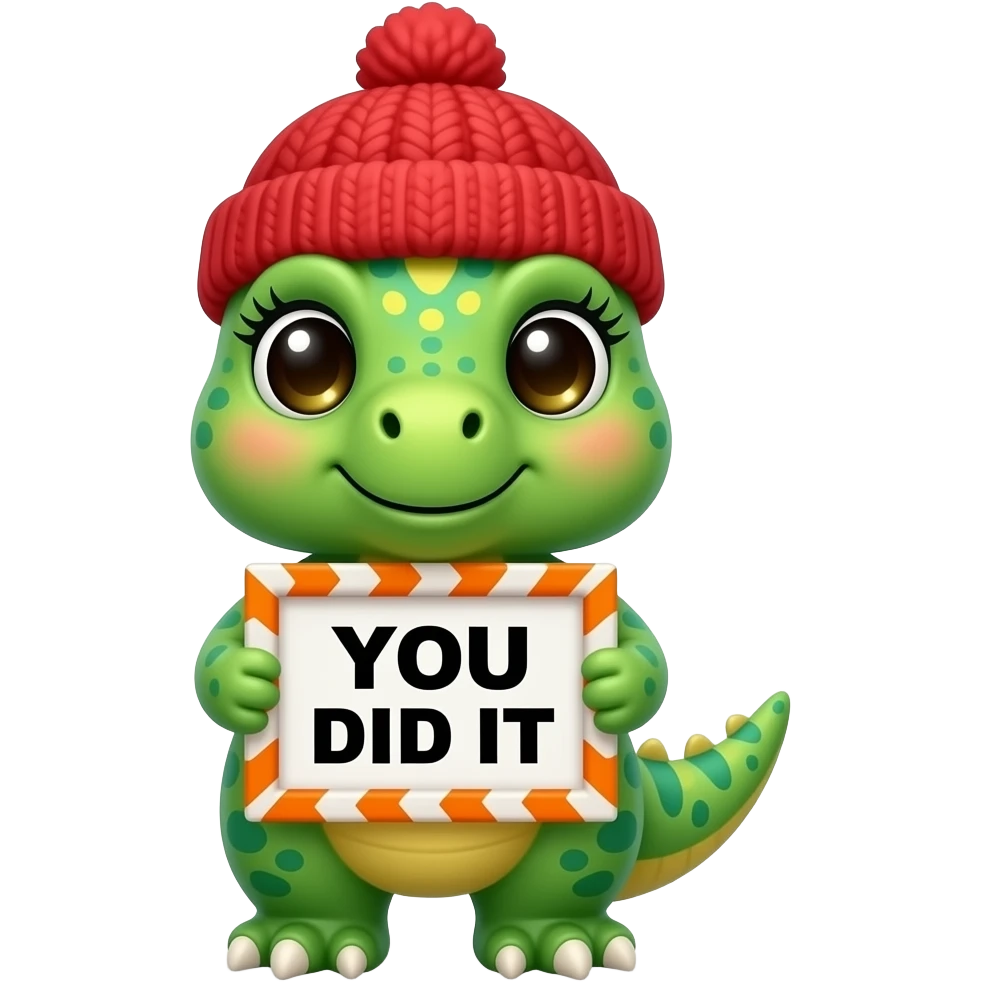 Create a super cute stuffed kawaii green and yellow gradient Animal which Looks Like a Velociraptor with big eyes and long eyelashes and with a red winter hat holding a orange zig zag frame sign with in front of its chest that says in bold black font "YOU DID IT" emoji