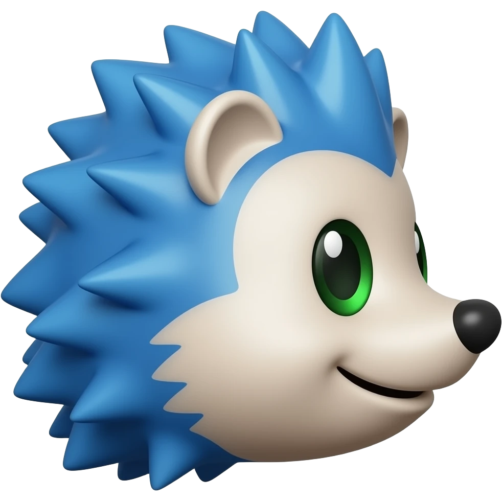 same exact classic blue hedgehog game character emoji, identical face shape, identical green eyes, identical blue spikes, identical smile, identical ears, identical skin color, identical proportions, right side profile, smooth glossy 3D render, emoji style, only camera angle changes emoji