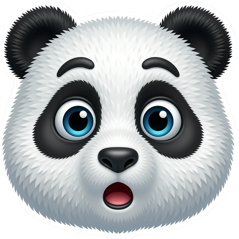 Surprised panda emoji, wide open eyes, small open mouth, raised eyebrows, round fluffy face, funny 3D emoji sticker emoji