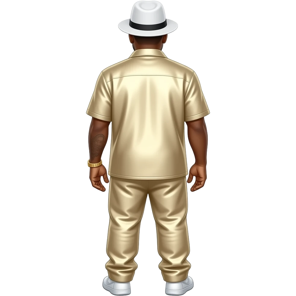 The Notorious B.I.G. from behind with white hat, ivory metallic shirt, ivory metallic saggy pants emoji