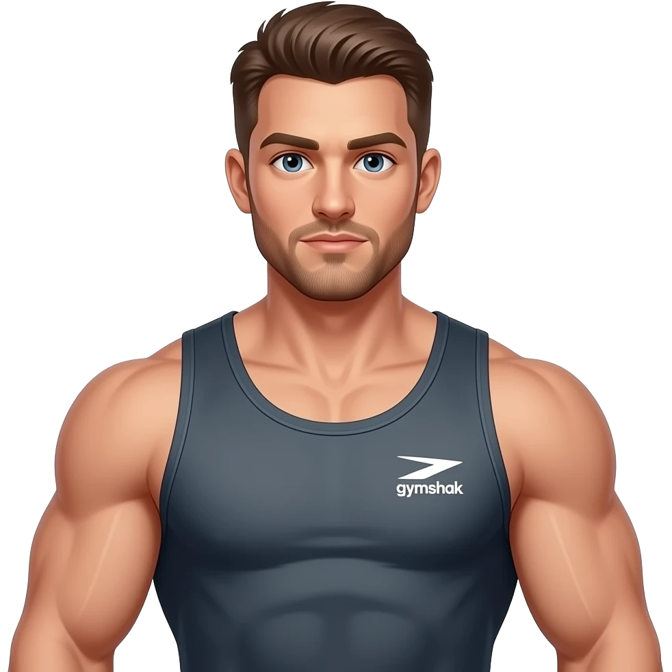 A medium shot captures a powerfully built white man with a muscular physique, he wears a tank top with gymshark logo on the middle emoji