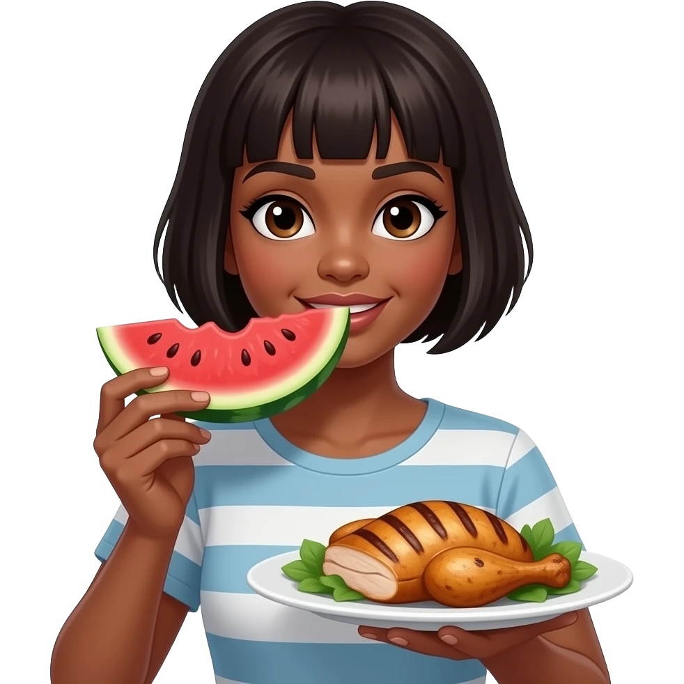 Black girl eating chicken and grape drink and watermelon emoji