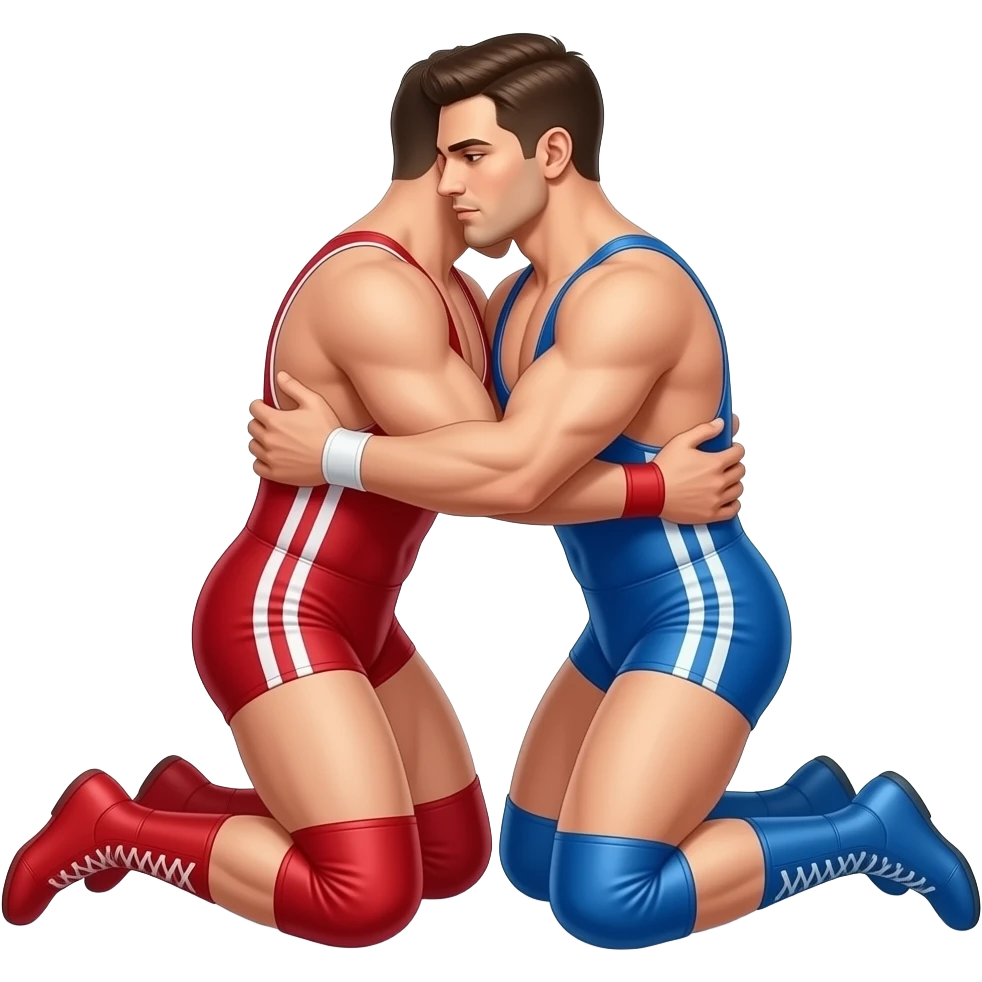 Erstelle ein Bild von zwei sexy Wrestler in kurzen, knappen und engen Wrestler-suits. die beiden haben unterschiedlich Farben an (rot und blau) und sie ringen eng umschlungen und innig miteinander auf dem Boden liegend emoji