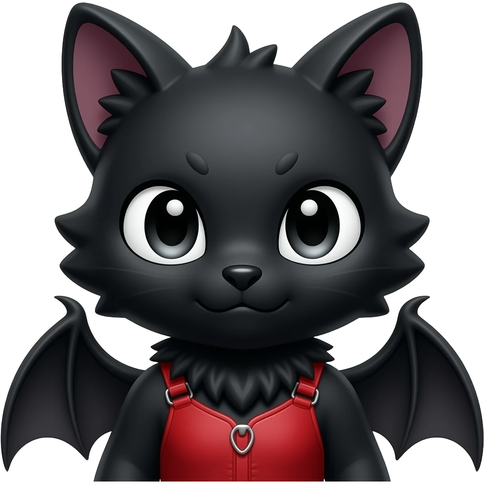 black edgy emo furry bat-cat-fursona-Fakémon with a red chest harness emoji