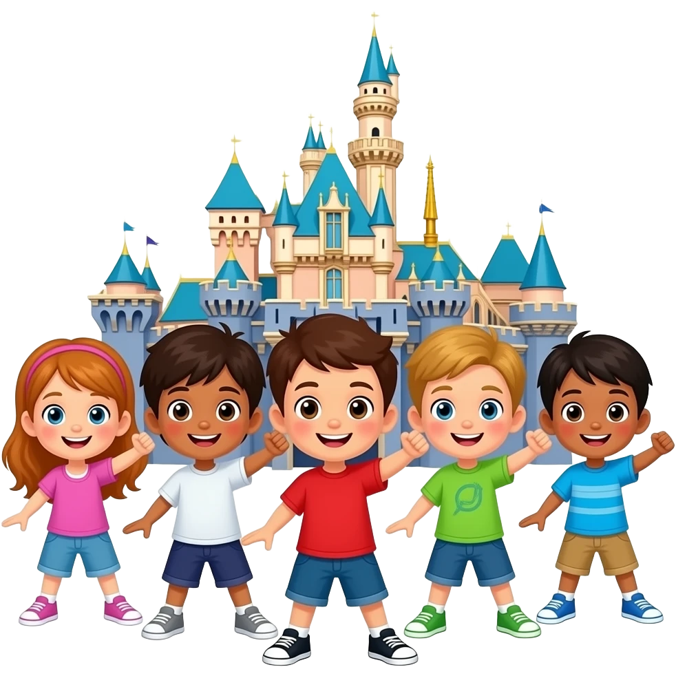 5 happy Break dancing kids, in front of Disneyland  emoji