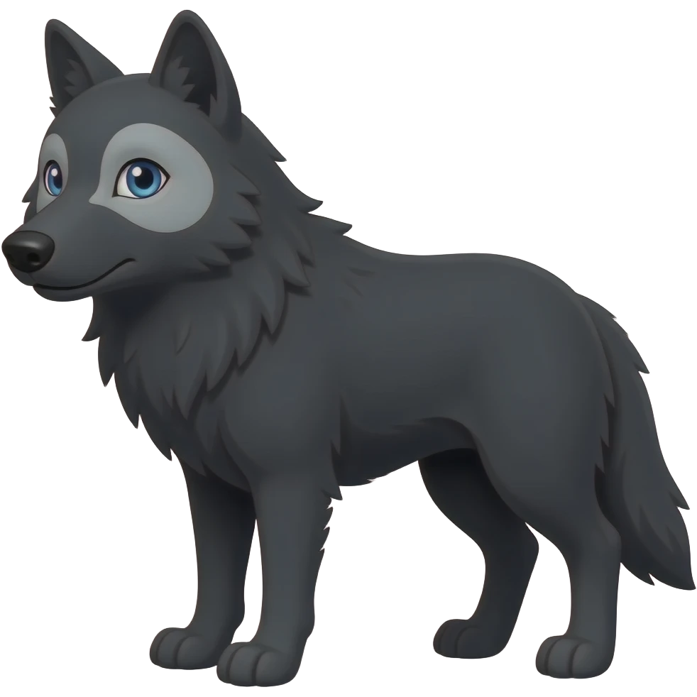 black wolf with blue eyes and a greyish white patch around the eye, underbelly and tail emoji