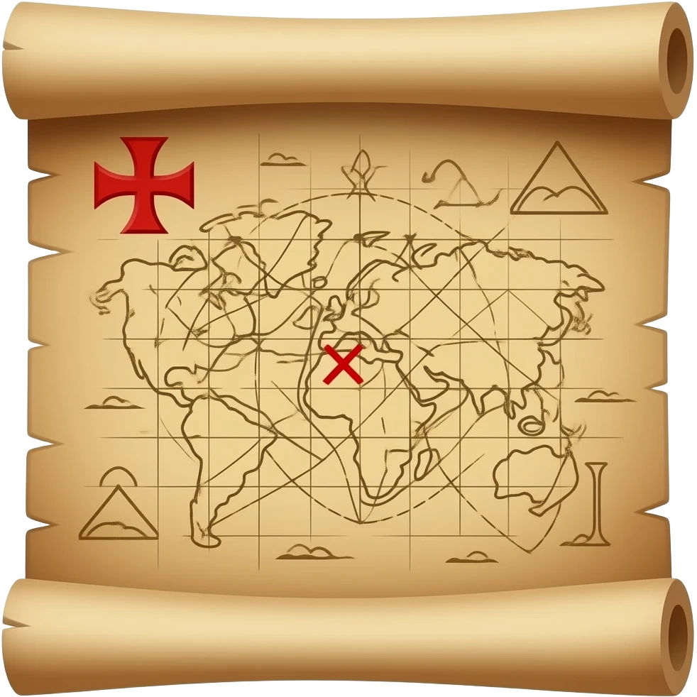 A treasure map, highly detailed, a small red Maltese cross X marks the location of the treasure, old parchment, slightly scrolled on top and bottom emoji
