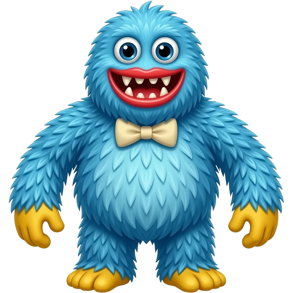 A blue furry monster, that has red lips and razer sharp teeth with yellow feet and hands and he has no nose, nor ear, he has a bowtie on his neck, and he has a short neck, he has no eyebrows, and he is long emoji