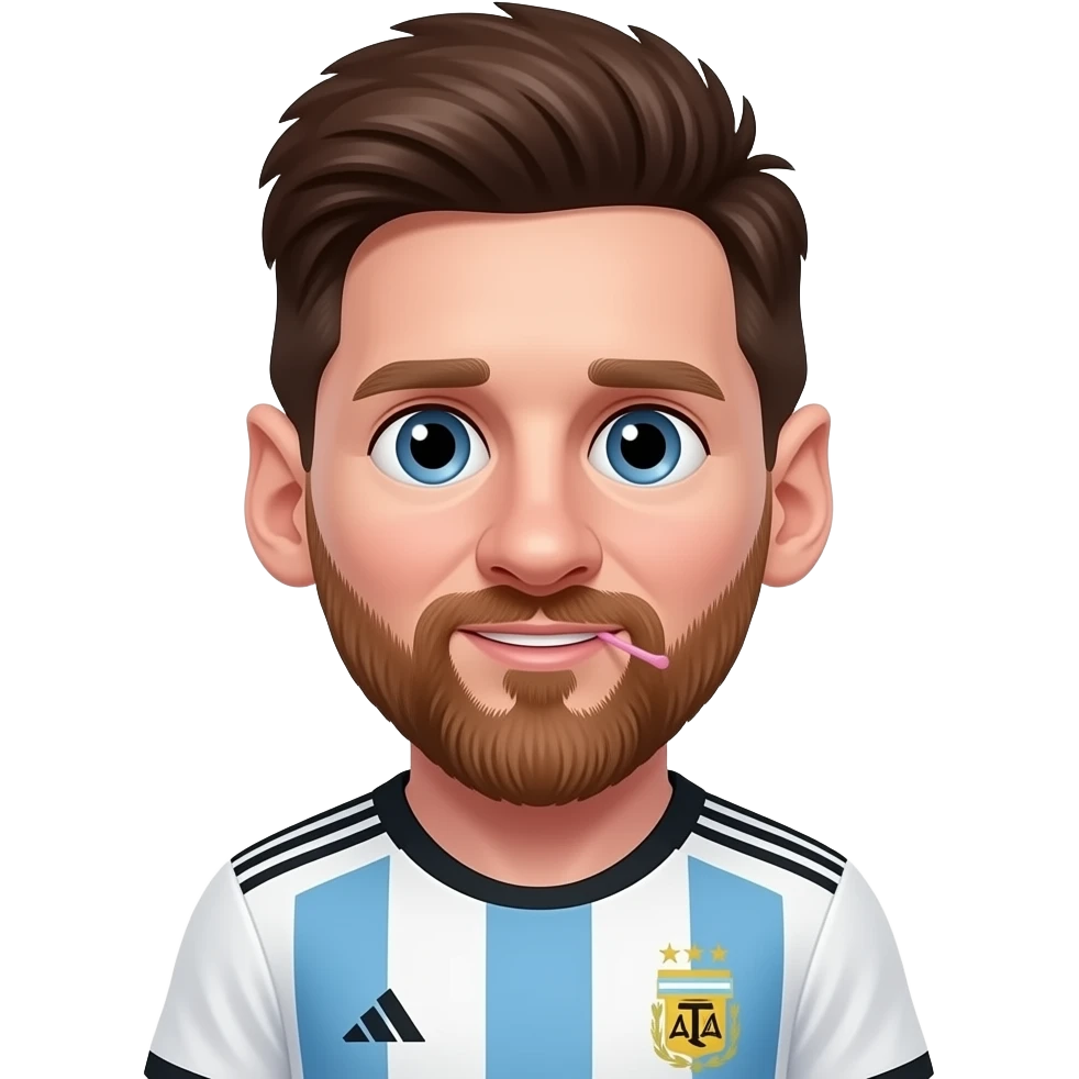 Cute front-facing Messi emoji, brown hair, beard, big eyes, Argentina jersey, soft gradient background. Exactly 1 pink sunglasses, small size, held in the mouth/teeth area. emoji