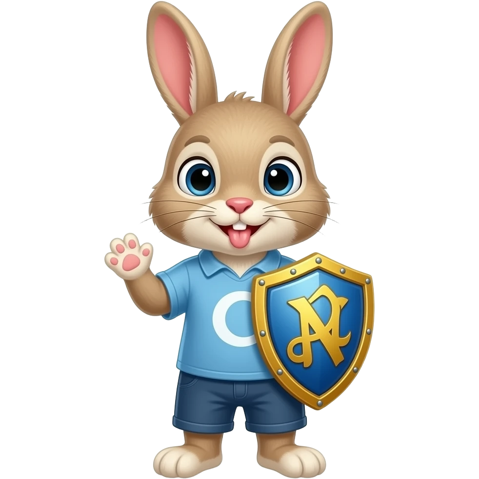 Con esta imegen crea un conejo que lleve ese escudo que te envie en la camisa y el conejo debe hacer con su manita un laick emoji