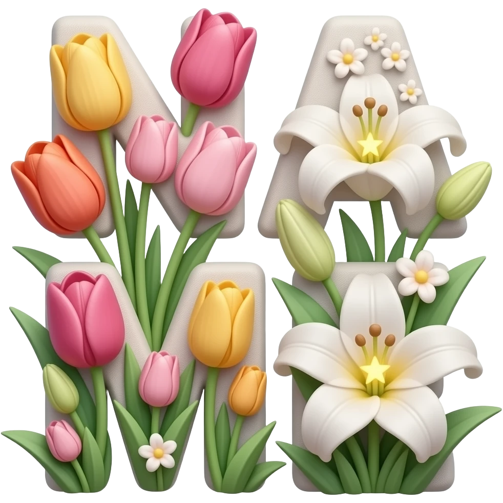 A text 'NAME' formed from clay board. Vibrant tulips and lilies bloom from the letter, each flower center glowing like a tiny star. Dreamy atmosphere, hyper-realistic, soft pastel colors emoji