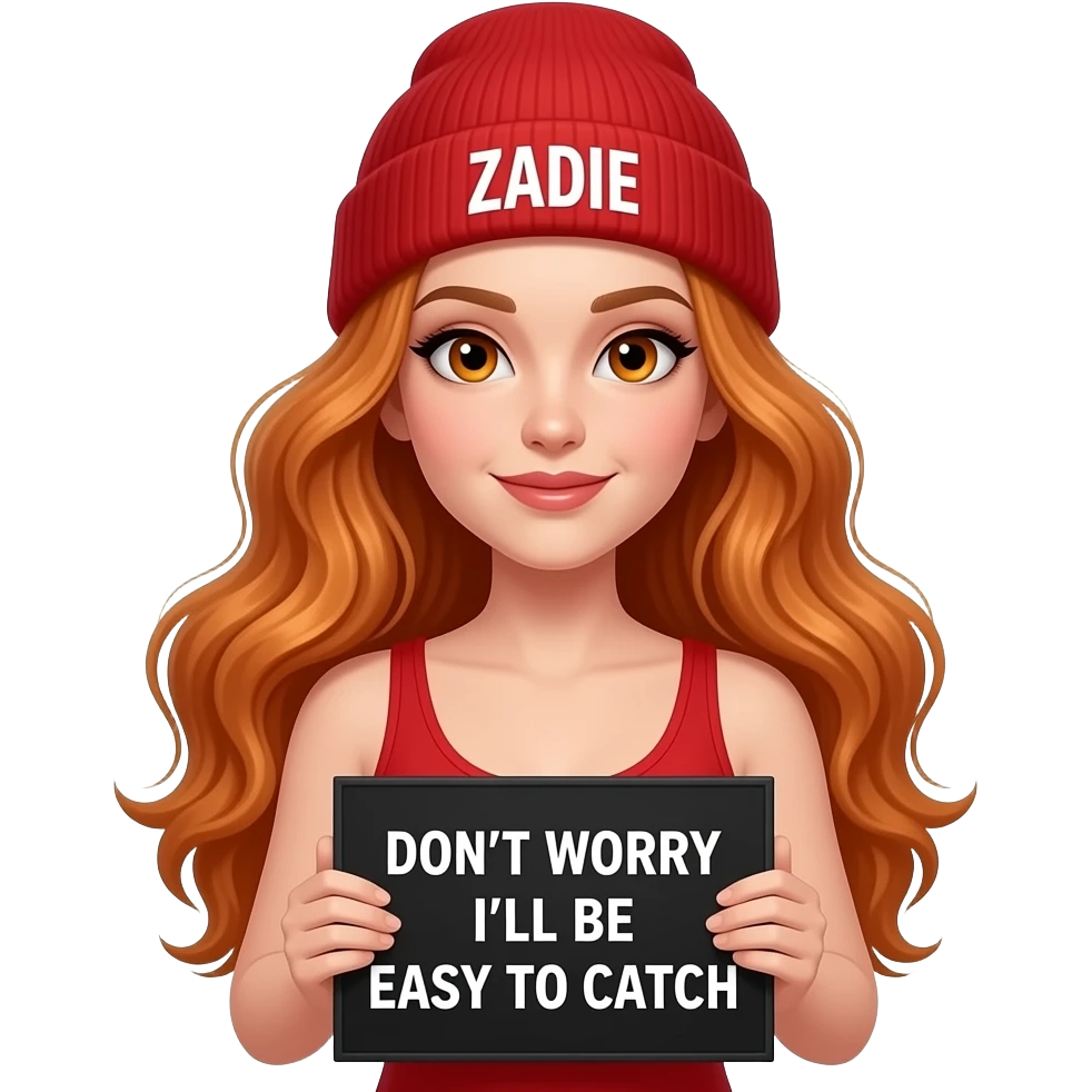 sexy girl with overlong wavy ginger hair and ginger eyes wearing a red tanktop and a red beanie with ZADIE written on it, is holding a black sign with DON'T WORRY I'll be EASY TO CATCH written on it emoji