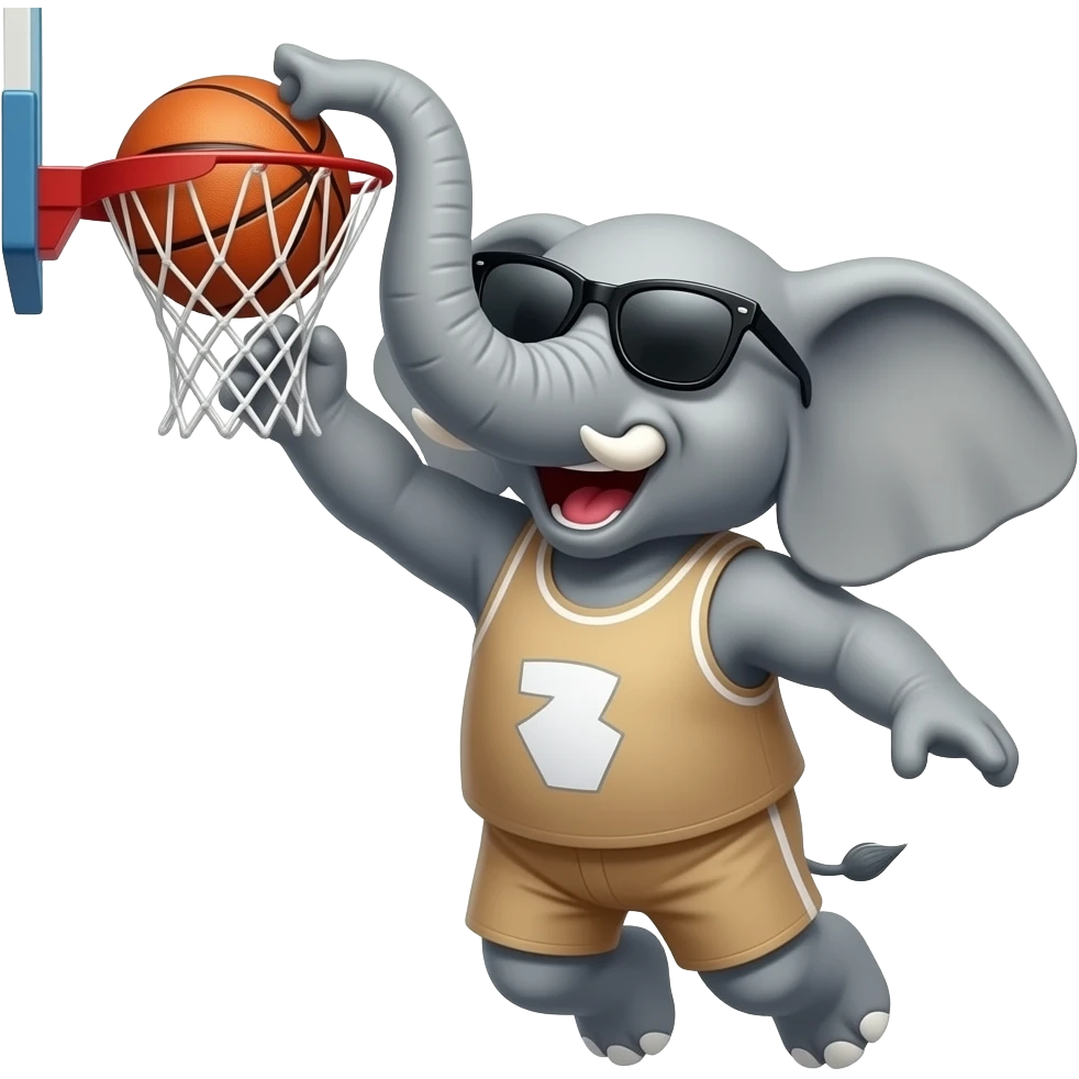 un elefante con brazos humanos de colo carne jugango basket haciendo una clavada al aro y gritanto muy fuerte y enojado con lentes negros y mucho flow emoji