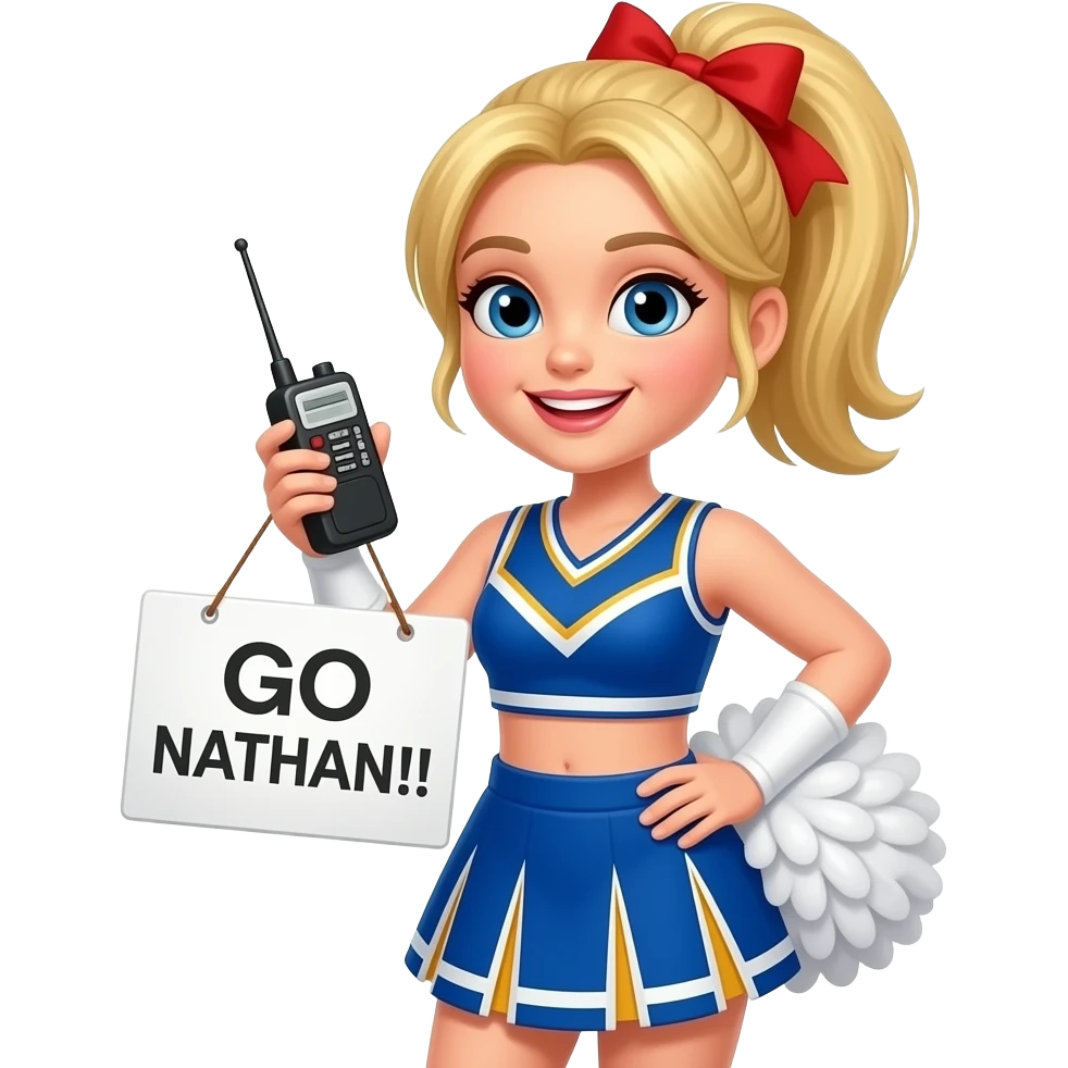 Cute Cheerleader ham radio with blonde hair. Sign saying "GO NATHAN ...
