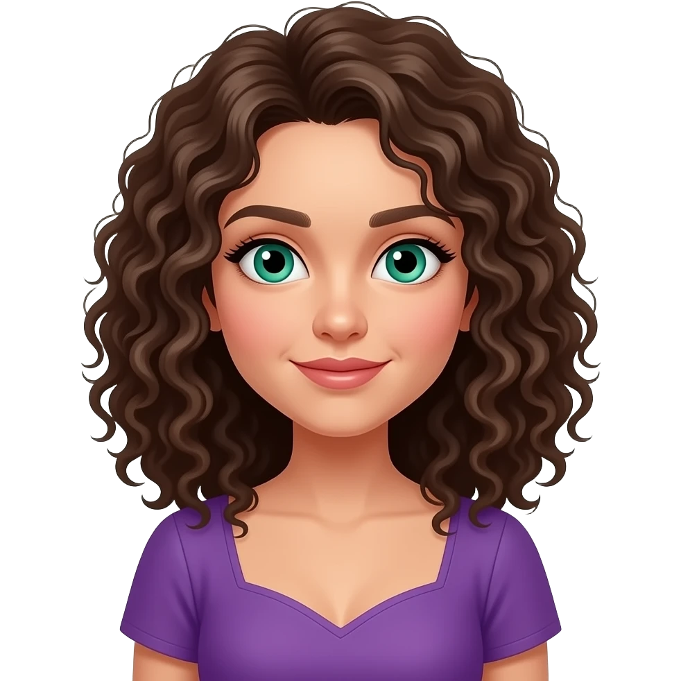 Kıvırcık,orta uzunlukta kahverengi ve mor elbise ela gözlü emoji