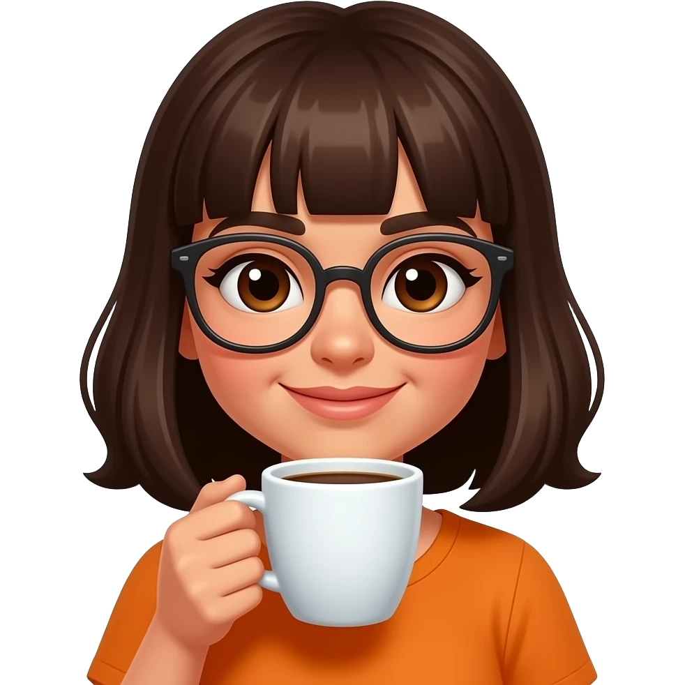 Brunette latina Girl with glasses and brown eyes and bangs- drinking coffee with brown and orange tones emoji