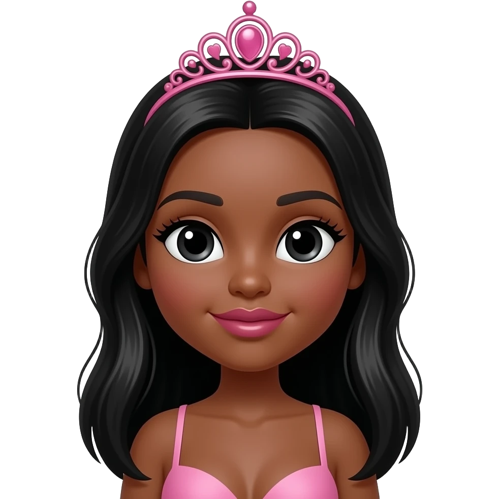 big lips, pink tiara, doll eyes, Doll, big chest, dark brown skin, with middle part long black hair, black cute eyes, with cute lip, without no bra emoji
