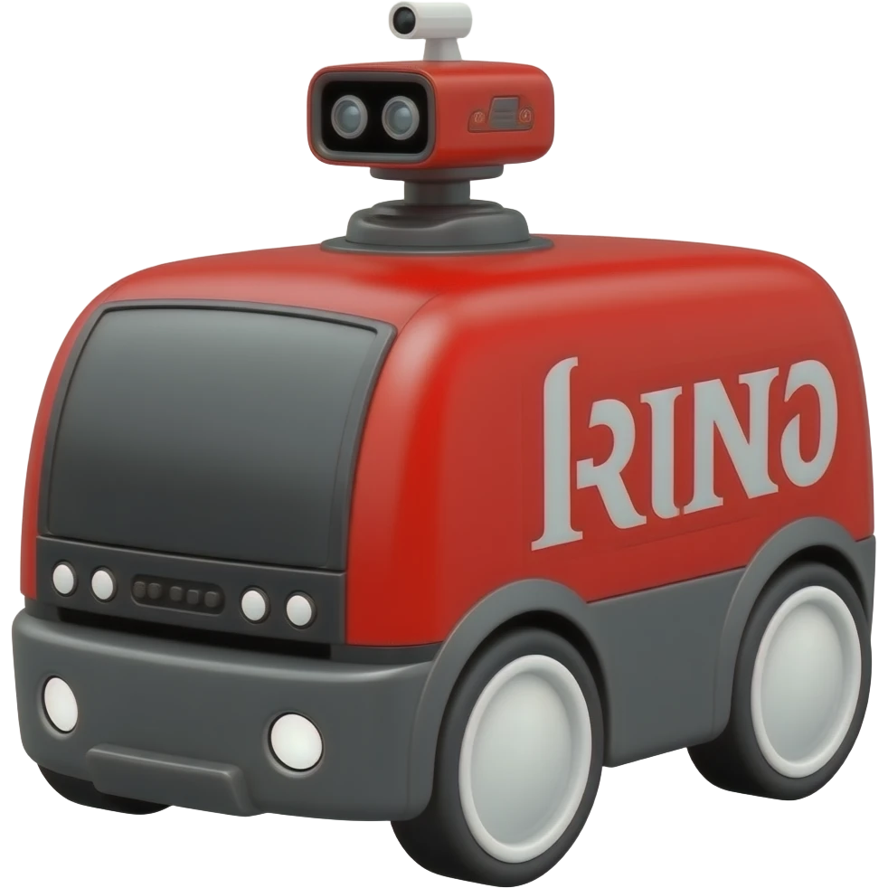 A red delivery robot with four white wheels rounded rectangular shape, mutiple front sensors, top mounted camera emoji