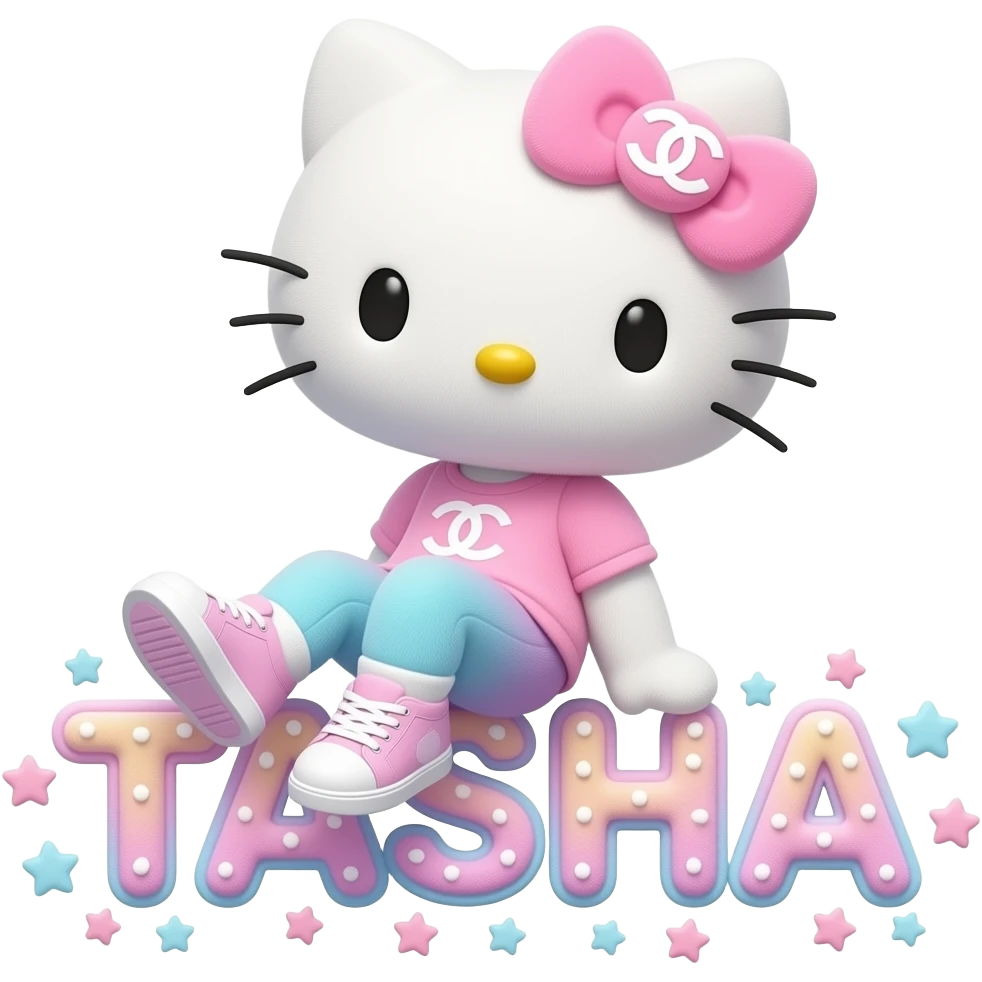 4D Velvety fur texture hello kitty wearing ombre white and blue and pink ombre pastel colored leggings and sneakers, and with the Chanel symbol on her ombre pastel bow sitting sideways leaning back on top of the velvety 3D outlined letters TASHA surrounded with tiny ombre pastel stars made of candy emoji