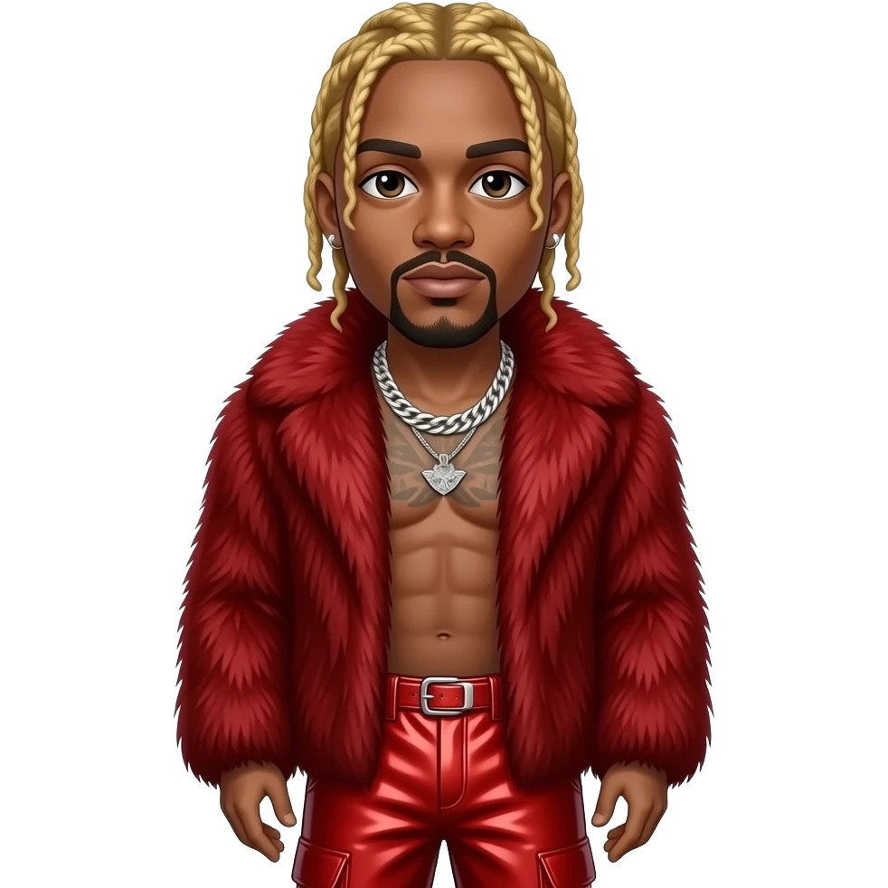 Lil Wayne with dark brown eyes, long blonde hair, red fur shawl, red metallic baggy pants, shirtless with necklace and earrings emoji
