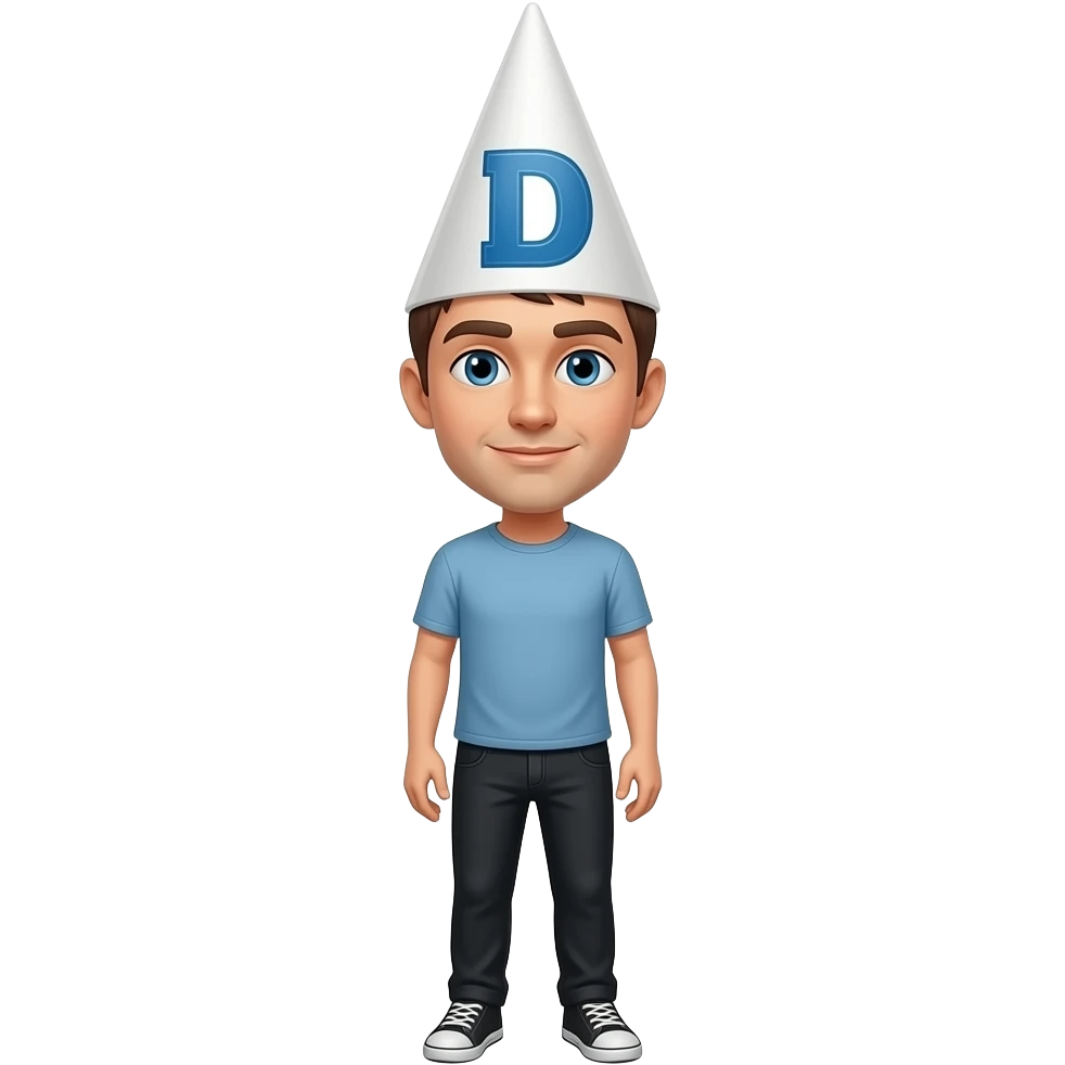 male wearing dunce hat with letter D emoji