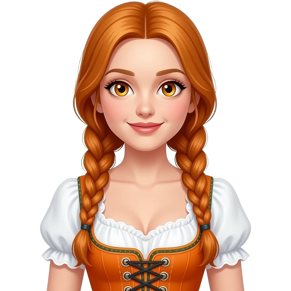 sexy girl with overlong ginger braids and ginger eyes is wearing a orange dirndl emoji