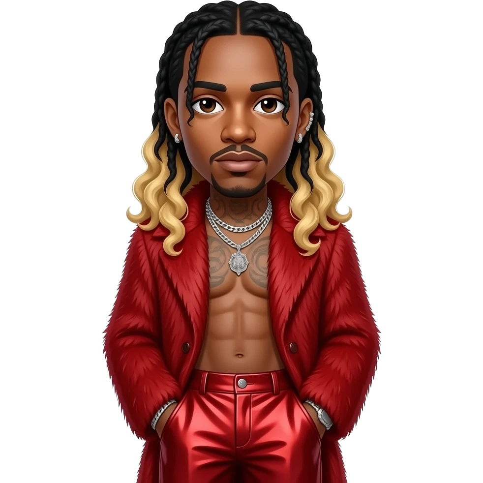 Lil Wayne with dark brown eyes, long black hair with blonde ombre, red fur coat, crimson metallic baggy pants, shirtless with necklace and earrings emoji
