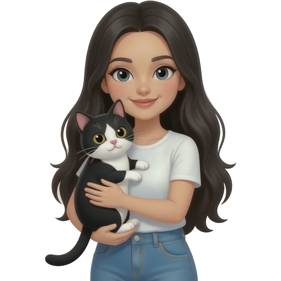 pretty woman with pale skin, very long black hair hugging a black and white cat emoji emoji