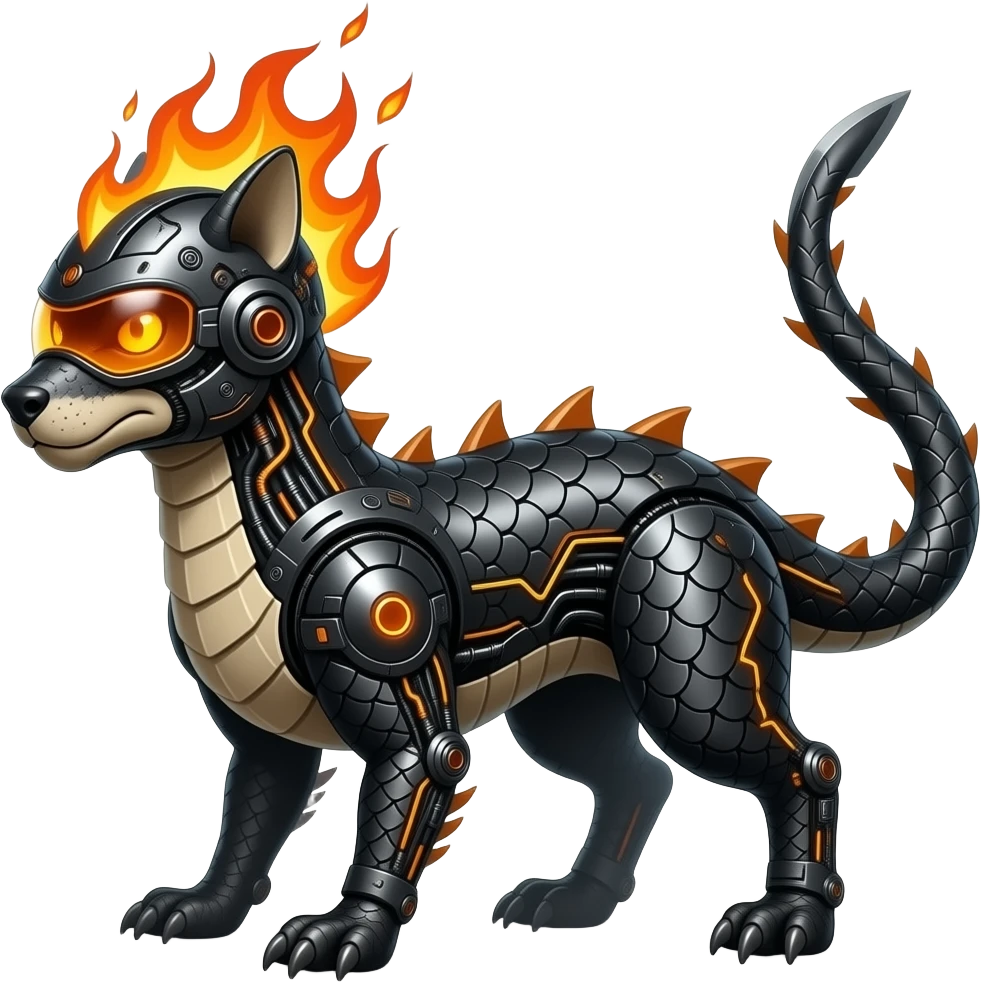Cool edgy fiery electrical scaly cybernetic visor-helmeted, Circuitry-patterned black-scaled digitigrade futuristic fantasy-Cyberpunk-Steampunk-Solarpunk-Sharpedo-Garchomp-Genesect-Cyclizar-Salandit-Protogen-Fakémon-hybrid, tail blade, back spikes emoji