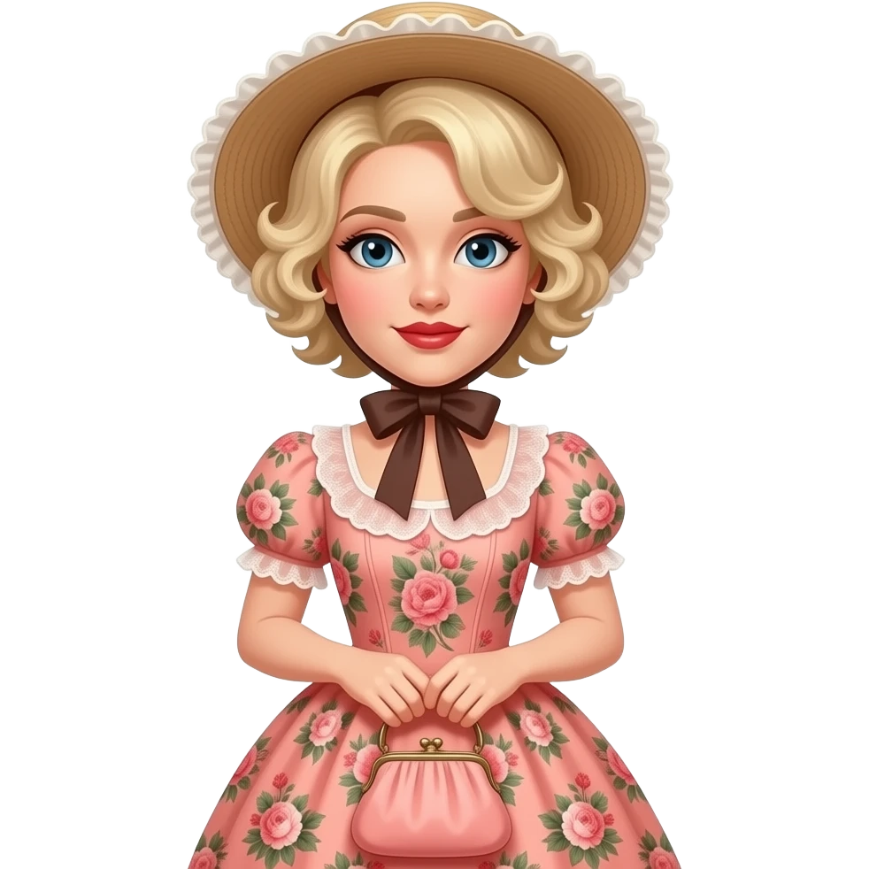extremely Short blonde curly hair pinned under a Victorian hat side swept brown lipstick in a peach floral Victorian dress, red nails. holding a Victorian peach purse and black eyebrows emoji