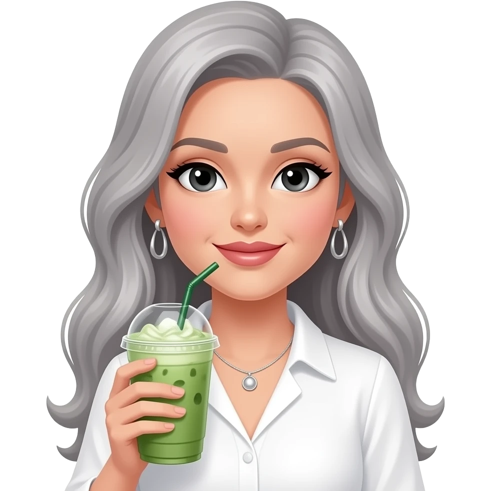 rich lady with black eyes and grey long hair, wearing a white blouse and silver earrings and necklace, having an iced matcha latte emoji