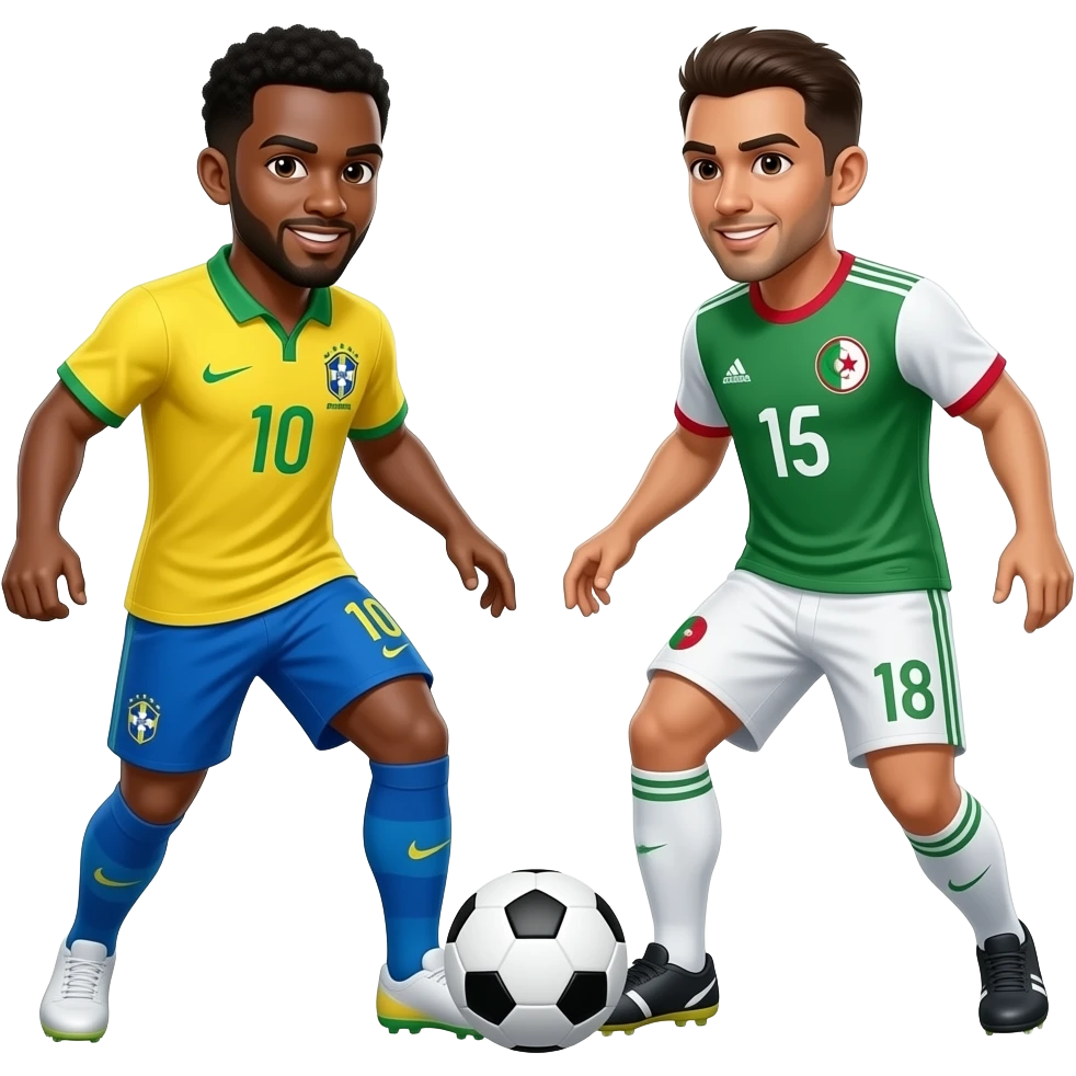 Someone wearing a Brazil jersey nutmegging passing tru thr legsng tru  an Algerian player wearing an Algeria jersey during a soccer game. emoji