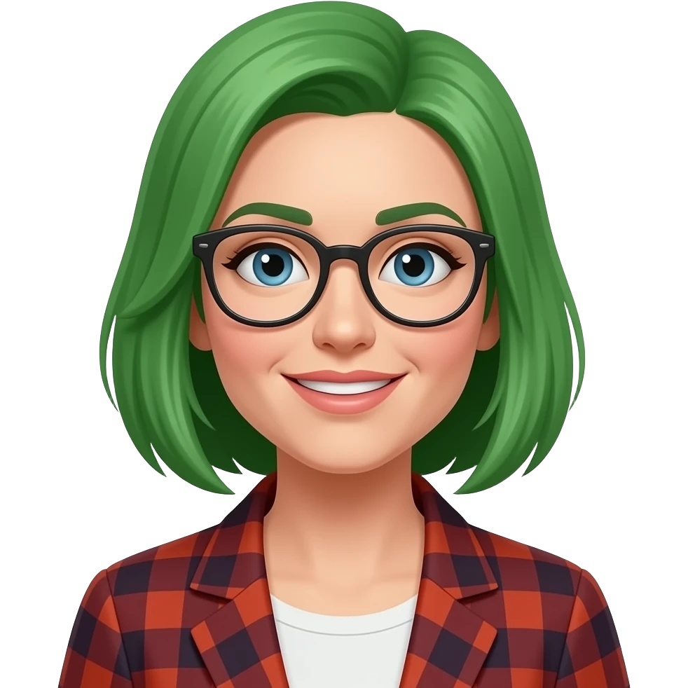 Green hair woman in different outfit with glass emoji