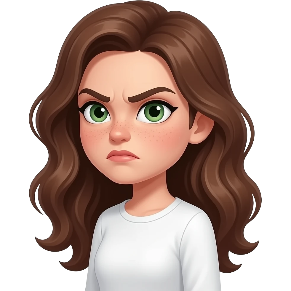 strong face expression very visible judgmental, cartoonish, caricatured, grotesque, suspicious side-eye meme by Brown wavy long haired with green eyes eyebrows raised cute face with freckles pretty girl in cute  white top with long sleeve and soft collar strong side view emoji