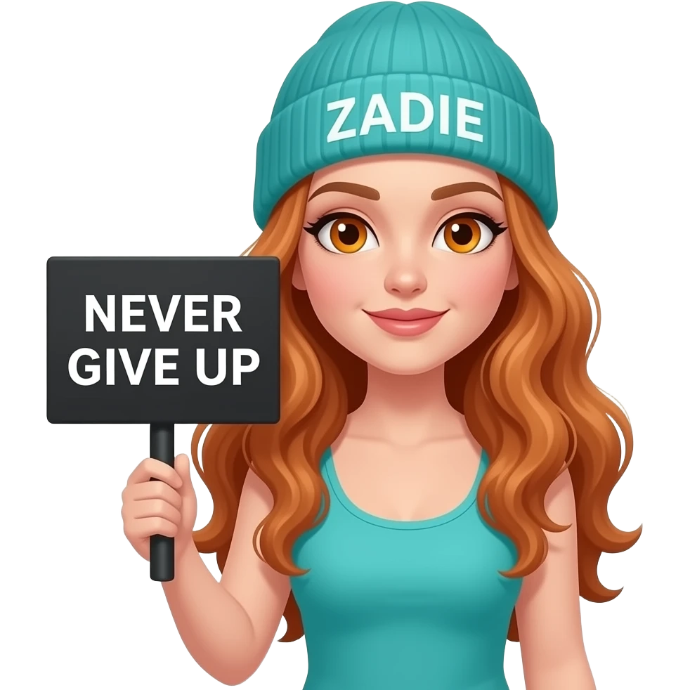 sexy girl with overlong wavy ginger hair and ginger eyes wearing a turquoise tanktop and a turquoise beanie with ZADIE written on it, is holding a black sign with NEVER GIVE UP written on it emoji