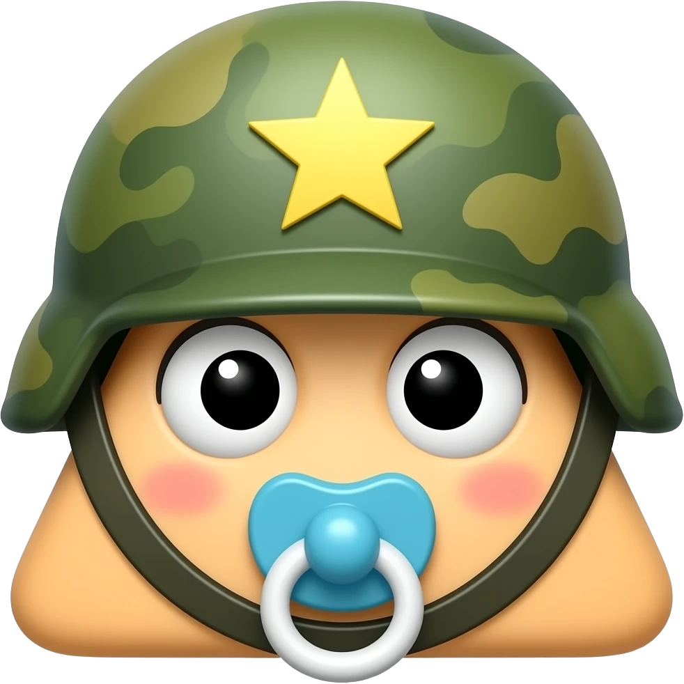 Flat 2D emoji of a triangle character wearing a basic level 1 military helmet and a baby pacifier, funny expression, vibrant colors emoji