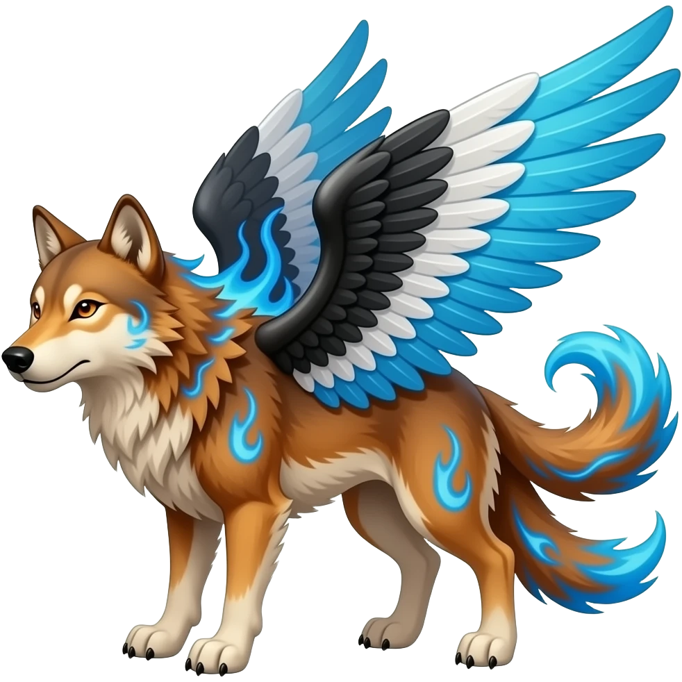 A large russet brown wolf with orange eyes with a blue swirl, black white and blue wings, blue flames in the fur and THREE tails emoji