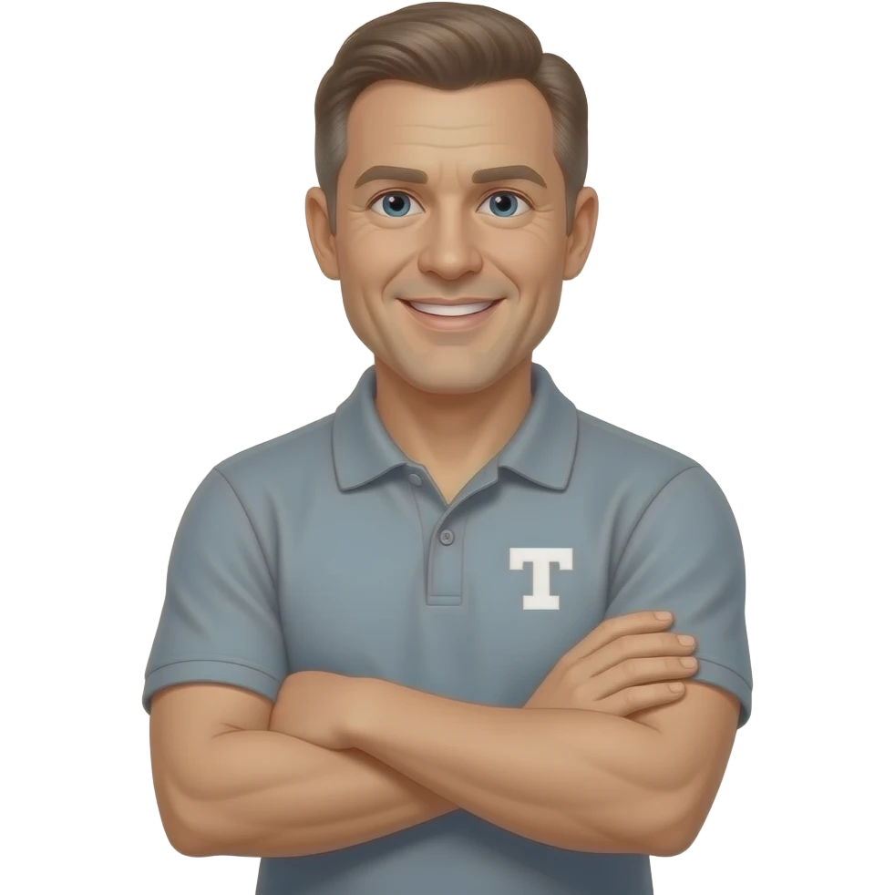 Male property manager, friendly, 45 years old, casual, light tan, university of TN Fan, arms crossed, gray polo emoji