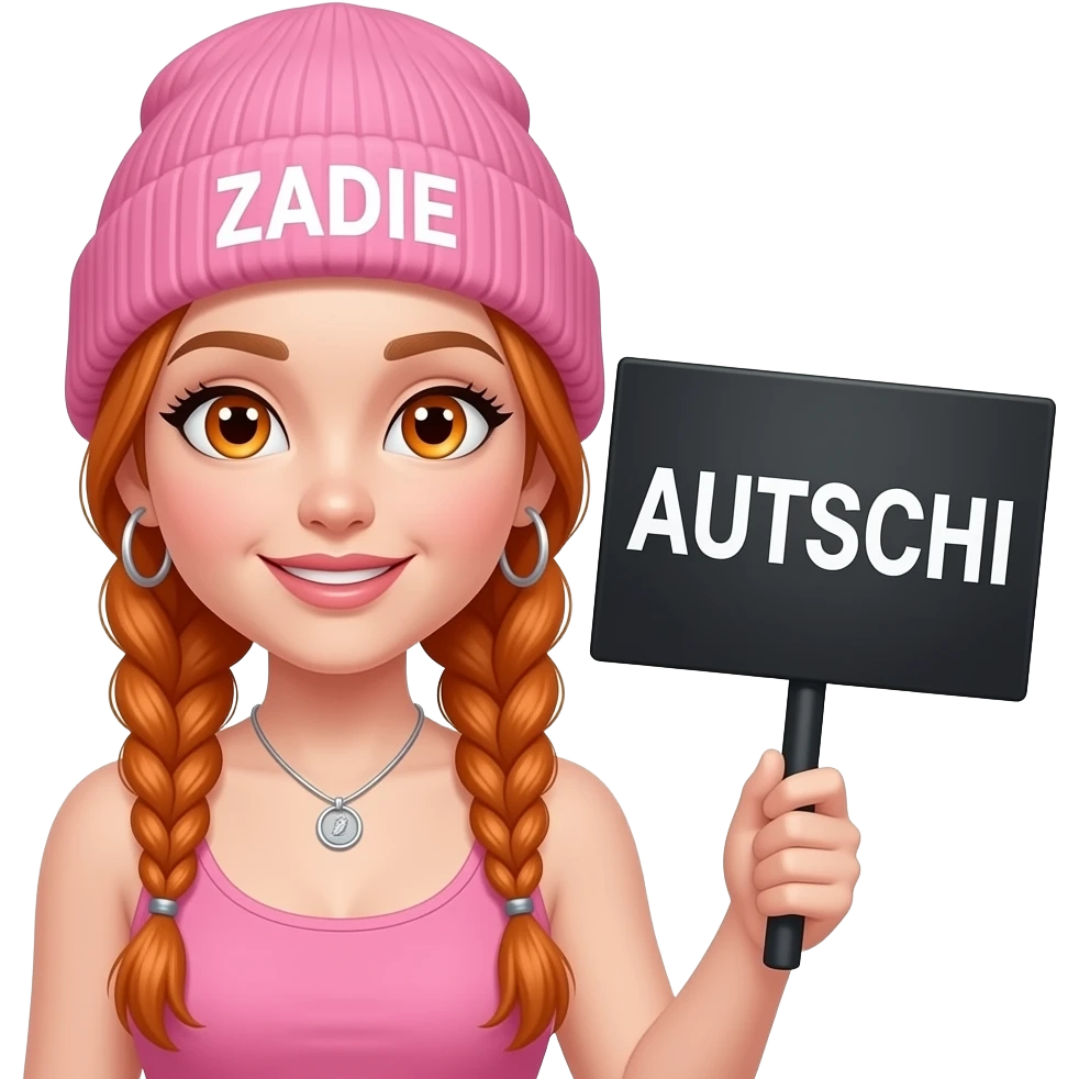 sexy girl with overlong ginger braids and ginger eyes wearing a pink tanktop and a pink beanie with ZADIE written on it, is holding a black sign with AUTSCHI written on it emoji
