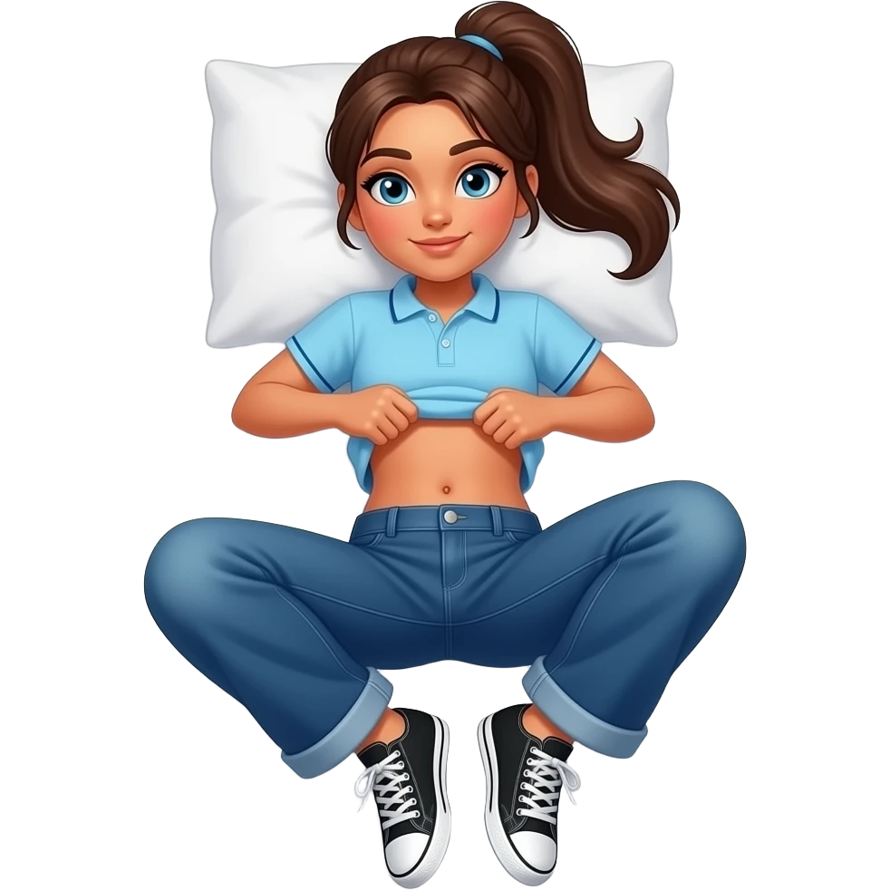 Hispanic girl with brown ponytail and blue eyes light blue dark blue lined polo and dark blue baggy jeans and belly button and black and white sneakers laying down on the pillow in bed lifting her shirt funny belly trick emoji